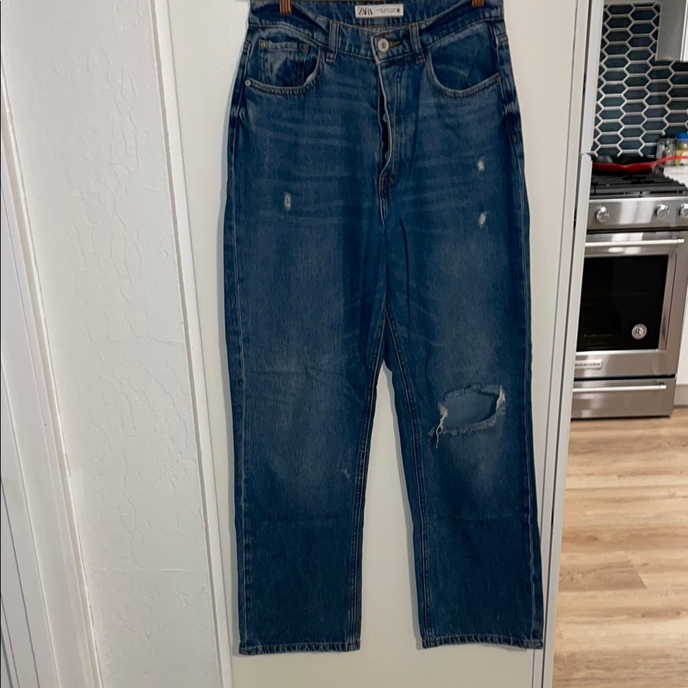 Zara High Rise Straight Leg Jeans in Dark Blue Denim